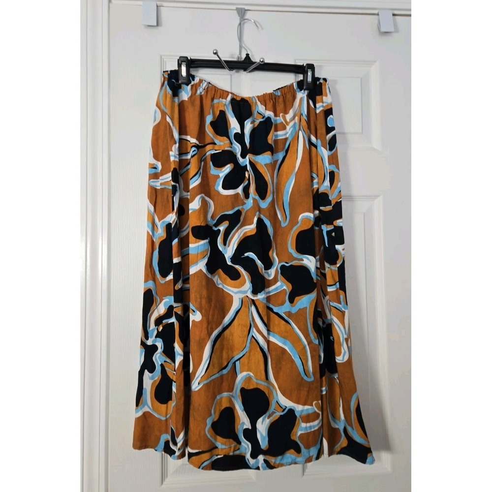 MSK Womans Florial Midi Skirt Size Medium Turquoise, Navy. White, Brown